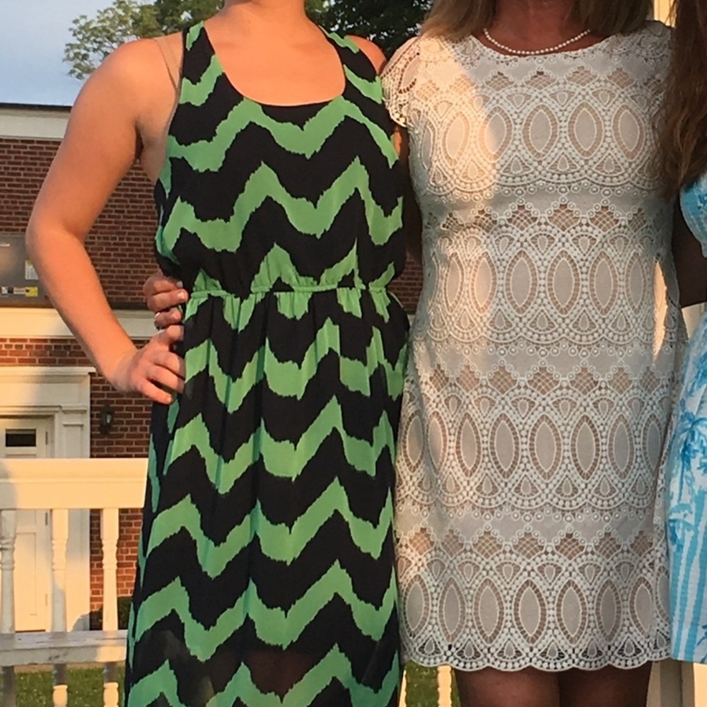 Navy and green striped maxi dress